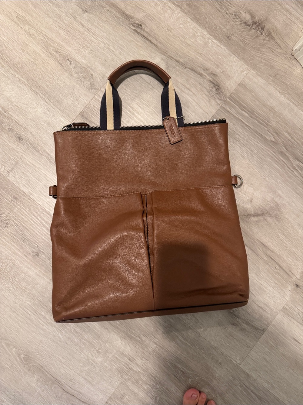 Coach Brown Leather Convertible Laptop Tote with Striped Handles